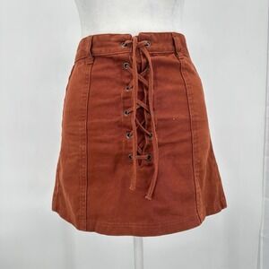 Forever 21 Rust Lace Up Mini Skirt Sz 25 Cotton Twill Boho Festival Earthy Y2K
